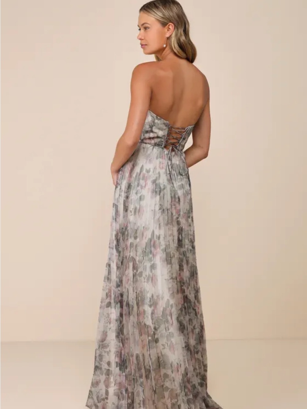 Lulu's Strapless Floral Pleated Maxi Dress in Pink and Green - Picture 3 of 8